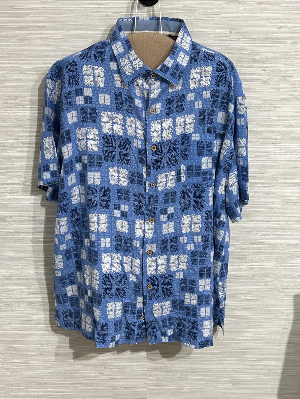 Nat Nast Luxury Originals Blue Geo Print Silk Blend Short Sleeve Button Down XL